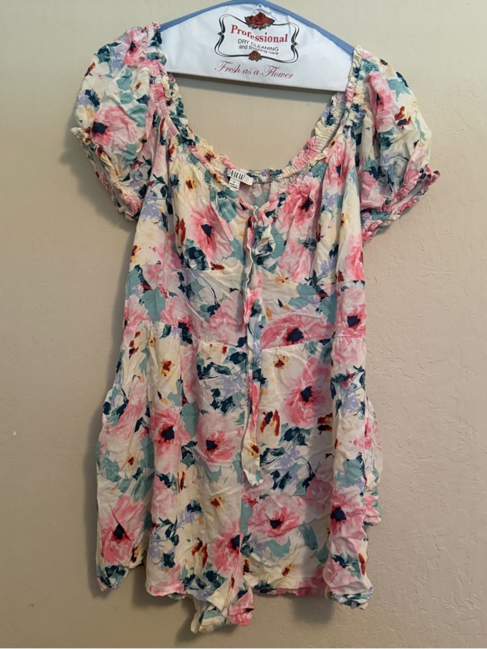 Womens large romper Floral Pastel Smocked Sleeve shorts white Pink Blue A17
